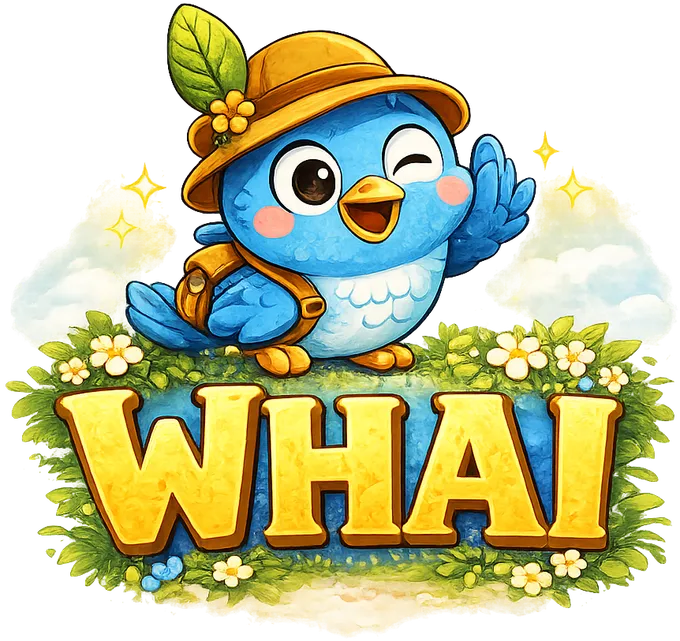 The WHAI logo: a waving blue bird with an explorer’s hat above the name WHAI.
